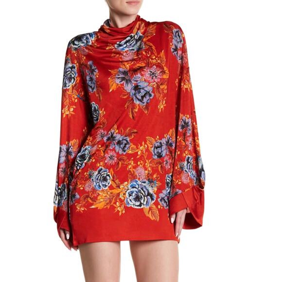 New Free People 2 AM Mini Dress Mock Neck  $168 SMALL Red  Floral Open-Back - Picture 1 of 5
